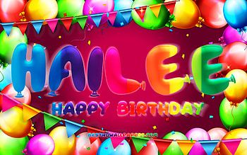 Happy Birtay Hailee, , colorful balloon frame, Hailee name, purple background, Hailee Happy Birtay, Hailee Birtay, popular american female names, Birtay concept, Hailee HD wallpaper