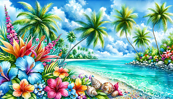 Tropical Paradise Beach, Paradise, beach, tropical, flower, palm tree HD wallpaper