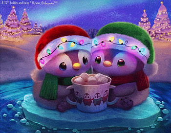 Happy New Year!, cup, blue, night, sweet, craciun, cute, penguin, fantasy, lights, christmas, piper thibodeau, couple, luminos HD wallpaper