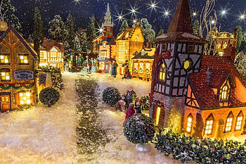 A snowy evening, winter, snowy, town, beautiful, stars, houses, shops, holiday, snow, lights, christmas, street, view, sky, cottage, village HD wallpaper