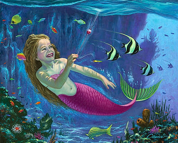 Mermaid, blue, cute, copil, painting, pictura, underwater, fish, sea, art, smile, will cormier, little, summer, pink, fantasy, luminos, child HD wallpaper