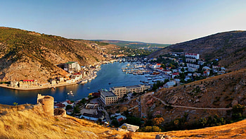 balaklava crimea, river, hills, town, boats, marina HD wallpaper