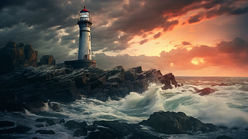 Majestic Lighthouse Sunset - AI Art, AI Art, man made, lighthouse HD wallpaper