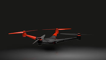 Red and black drone captured mid-flight against a sleek dark background. HD wallpaper