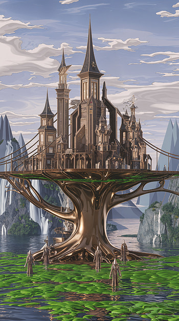 Majestic Elven City - Enchanting , fantasy, castle, tree, river HD phone wallpaper