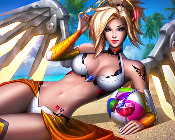 Mercy, wings, girl, angel, beach, summer, swimsuit, fantasy, overwatch, luminos, drink, michellehoefener HD wallpaper