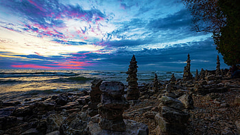 Whitefish Bay, Lake Michigan, Wisconsin, sunset, landscape, clouds, trees, sky, rocks, usa HD wallpaper