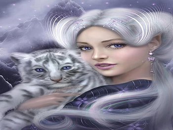 Fantasy woman and little tiger, little tiger, cute, lap, fantasy woman HD wallpaper