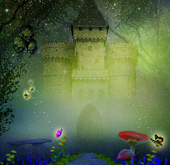✫Enchanted Castle✫, plants, cute, hanging, colors, mushroom, mist, butterflies, shining, fog, starlight, animals, trees, castle, bench, stock , splendid, beautiful, premade BG, skulls, pretty, cool, nature, enchanted, flowers, lovely HD wallpaper
