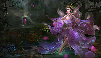 Fantasy girl, flute, frumusete, gorgeous, girl, lake, purple, superb, instrument, pink, fantasy, luminos, water HD wallpaper