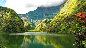 Tahiti in French Polynesia, tranquility, Polynesia, Tahiti, plants, exotic, serenity, mountain, lake, reflection, valley, greenery HD wallpaper
