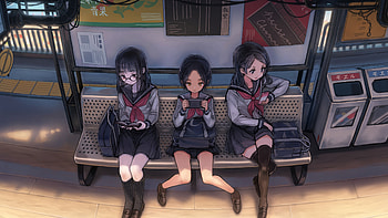 Anime Schoool Girls On s Waiting For Bus , anime-girl, anime, artist, artwork, digital-art HD wallpaper
