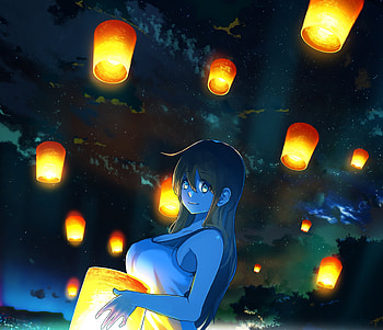 Lanterns, beautiful, anime girl, outdoor HD wallpaper