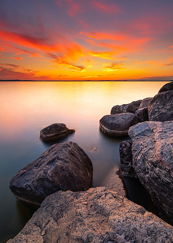 Nature, Sunset, Stones, Sea, Rocks, Horizon HD phone wallpaper