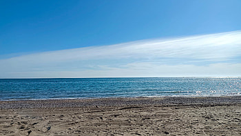 Landscape View Of Calm Body Of Water Ocean Beach Sand In White Clouds Blue Sky Background Nature HD wallpaper