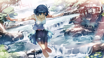 Anime, Original, Blue Eyes, Blue Hair, Short Hair, Skirt, Sunbeam, Train, Waterfall HD wallpaper