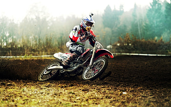Red and white dirt bike, Sand racing, Thrilling motocross, Off-road adventure HD wallpaper