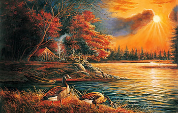 Evening Glow, fall, trees, autumn, colors, boat, river, artwork, leaves, painting, tent, sunset, geese HD wallpaper