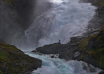 Waterfall Girl, art , big, waterfall, beautiful, girl, rocks HD wallpaper
