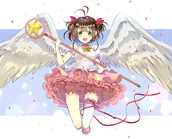 White wings, stick, anime girl, cute, sakura kinomoto HD wallpaper