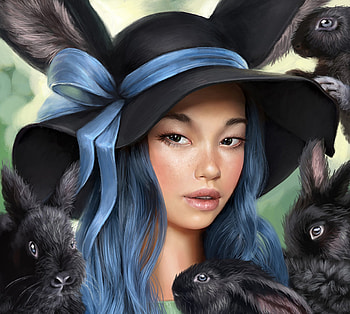 Black bunnies and a ribbon, blue, omrikoresh, black, frumusete, girl, omri koresh, bunny, fantasy, luminos, hat, bow, rabbit HD wallpaper