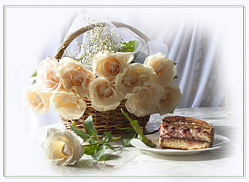still life, bouquet, gentle, graphy, dessert, cake, nice, basket, rose, flower, , roses, elegantly, beautiful, cool, flowers, harmony HD wallpaper