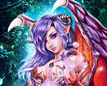 Succubus, blue, wings, horns, girl, demon, woman, purple, pink, fantasy, magical, green, red, game, tigrsasha HD wallpaper