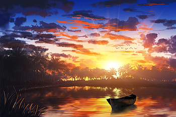 Water, Sunset, Art, Palms, Boat HD wallpaper