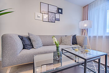 Contemporary living room featuring a gray sofa, geometric decor, and framed art. HD wallpaper