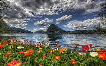 Spring lake in Switzerland, blossoms, clouds, landscape, sky, flowers, mountains HD wallpaper