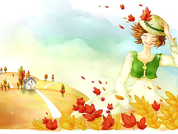 Trees, Autumn, Leaves, Rain, Miscellanea, Miscellaneous, , Drawing, House, Girl HD wallpaper