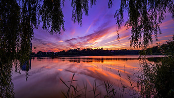 Sunset at the river, sky, water, reflections, colors, trees, clouds HD wallpaper