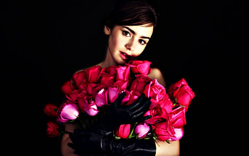 Lily Collins, bouquet, black, model, girl, actress, woman, rose, pink, flower HD wallpaper