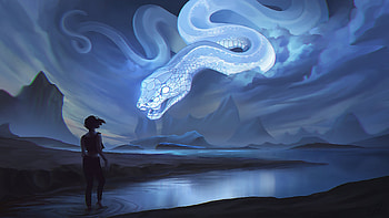 Fantasy snake, luminos, sky, girl, water, snake, blue, lua marques, dark, fantasy, serpent, giant HD wallpaper