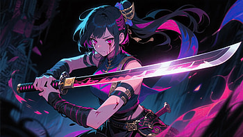 Neon Samurai Warrior With Pink And Blue Glowing Katana, neon, samurai, warrior, pink, glowing, katana, artist, artwork, art, digital-art, ai, deviantart HD wallpaper