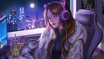 Gamer Girl, Anime girl , Cat companions, Laid-back vibes HD wallpaper