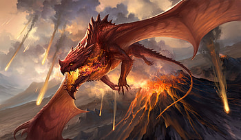 Red dragon, wings, sandara, fantasy, volcano, luminos, fire HD wallpaper