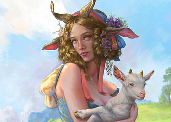 Faun, blue, anna prudnikova, frumusete, horns, art, cute, girl, goat, fantasy, luminos, creature HD wallpaper