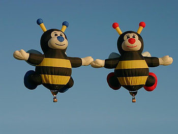 Flying Bees, bees, blue, shapes, balloons, abstract, sky, nature, hot air HD wallpaper