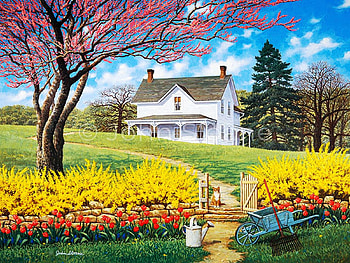 Spring Ahead, painting, trees, blooming, garden, flowers, cottage, meadow HD wallpaper