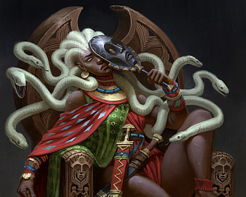 Medusa, snake, mask, fantasy, art, lucas torquato, throne, girl HD wallpaper