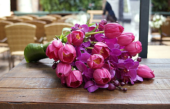 Flowers, Leaves, Tulips, Bouquet, Table, Buds, Orchids HD wallpaper