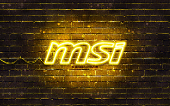 MSI yellow logo, , yellow brickwall, MSI logo, brands, MSI neon logo, MSI HD wallpaper