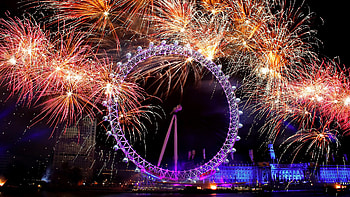 London Eye, Fireworks display, New Year's celebration, Nighttime spectacle HD wallpaper