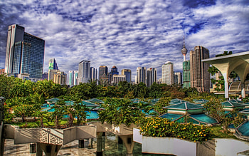 urban pedestrian mall under garden r, roof, skyscrapers, city, garden, r, mall HD wallpaper