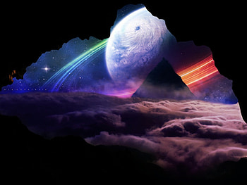 Horizon, planets, universe, stars, mountain, moon, clouds, space, cosmos, cave HD wallpaper