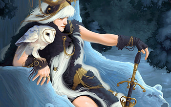Winter Queen, blue, winter, animal, white, bird, polar, girl, owl, woman, fantasy, bear, snow, queen HD wallpaper