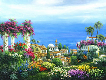 Seaside overlook, seaside, coast, town, peaceful, nice, shore, painting, water, sea, art, beautiful, lake, summer, overlook, pretty, view, clouds, nature, sky, flowers, lovely, village HD wallpaper