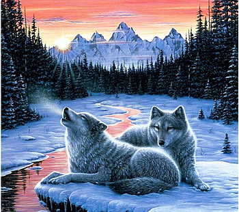 Wolves in Winter, artwork, river, painting, firs, snow, wolf, mountains HD wallpaper