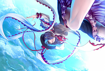 Touhou, red eeyes, short hair, sky, blue hair, dress, hat HD wallpaper